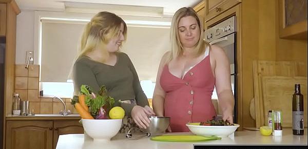  Curvy hairy lesbian and busty plumper fuck in the kitchen